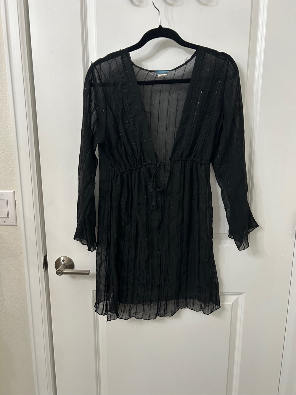 Dotti Black Sheer Embellished V-Neck Swim Coverup Size Small
